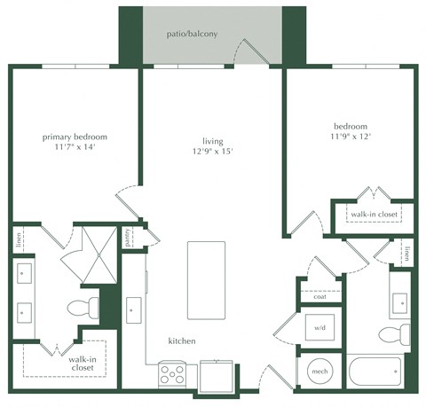 Floor plan for 2 beds, 2 baths, 1052 sqft